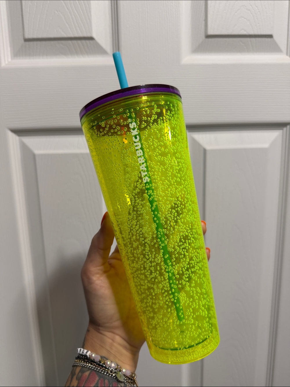 Starbucks Neon Bubble Tumbler with Purple Rim and Blue Straw